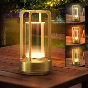 Portable Table Lamp for Outdoor Indoor: Cordless Rechargeable Desk Lamp with 3 Color Stepless Dimmable - Metal Battery Operated Small Lantern Light for Restaurant/Bedroom/Bar/Coffee Shop/Camping