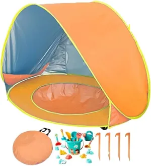 Portable UV-Resistant Baby Beach Tent, Pop up Portable Easy Set Kids Shade Pool, Mono Baby Beach Tent Pop up with Pool, UV Protection Dome for Babies Kids Infant Toddlers(E,Set 2)
