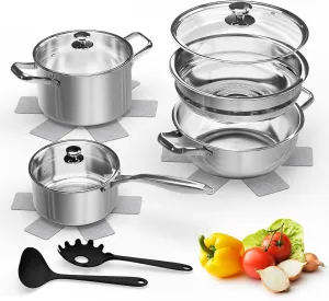 Pots and Pans Set,12-Piece Stainless Steel Cookware Set,Cooking Pot Set Includes Saucepans,Stockpot,Steamer For Cooking,Glass Lid,With 3 pot holders and 2 spoons,Dishwasher Safe and Oven Safe