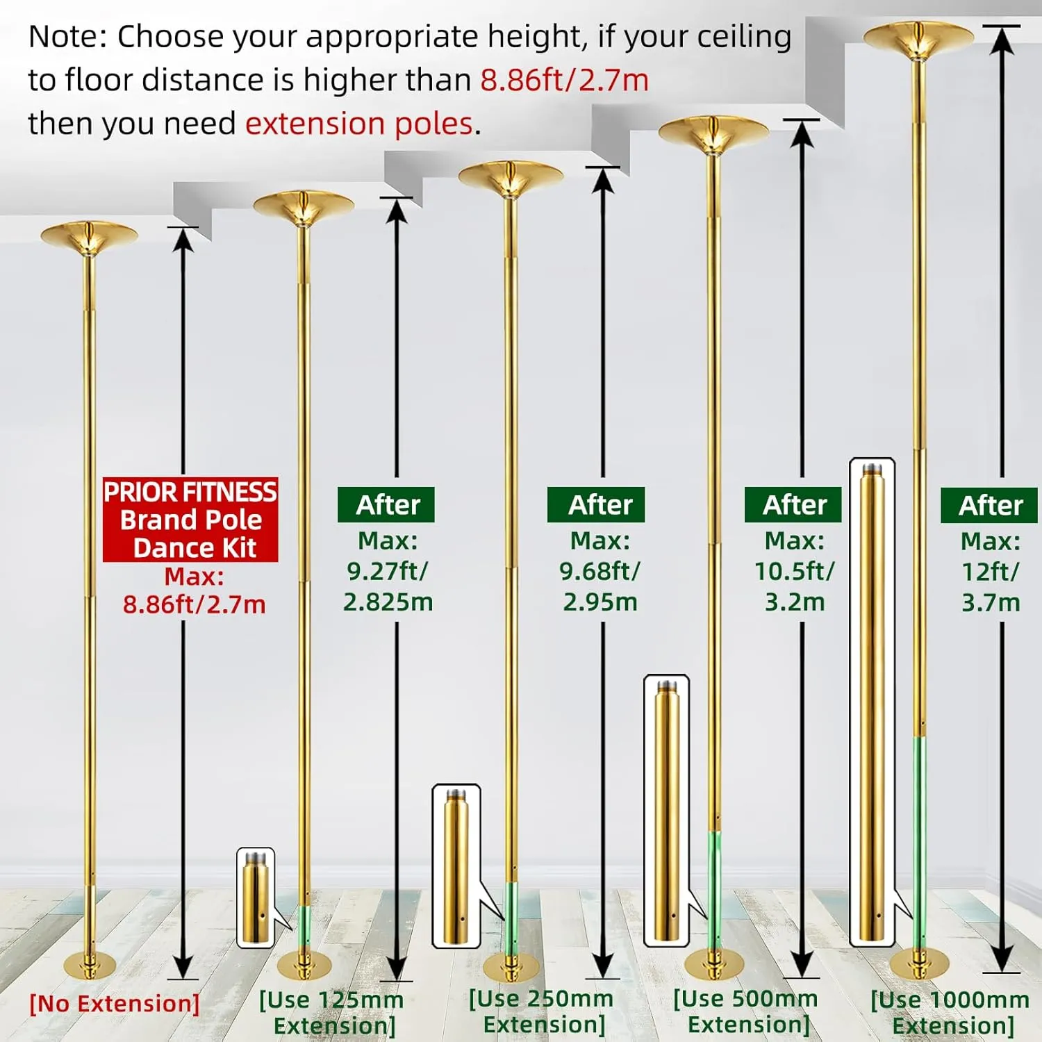 PRIOR FITNESS Pole Extension for 45mm Dance Pole 125/250/500mm or 5”/10”/20” Stainless Steel Accessories Tube to Connect Dancing Pole Titanium Adjust Length Height