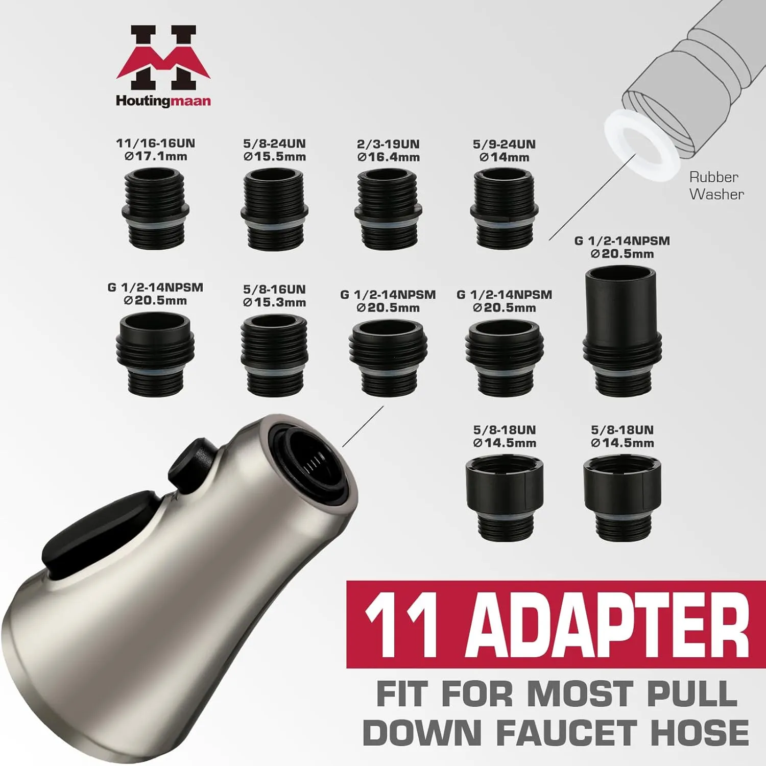 Pull Down Kitchen Faucet Spray Head Replacement - 3 Functions Faucet Sprayer Head with 11 Adapters Compatible with Delta, Moen, Kohler, Hansgrohe, Grohe, Pfister, Brushed Nickel