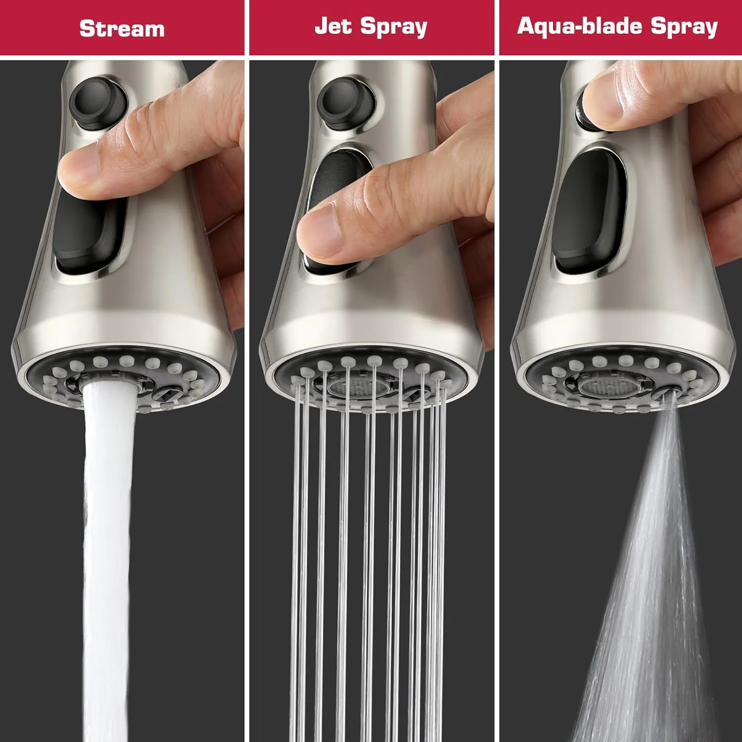 Pull Down Kitchen Faucet Spray Head Replacement - 3 Functions Faucet Sprayer Head with 11 Adapters Compatible with Delta, Moen, Kohler, Hansgrohe, Grohe, Pfister, Brushed Nickel