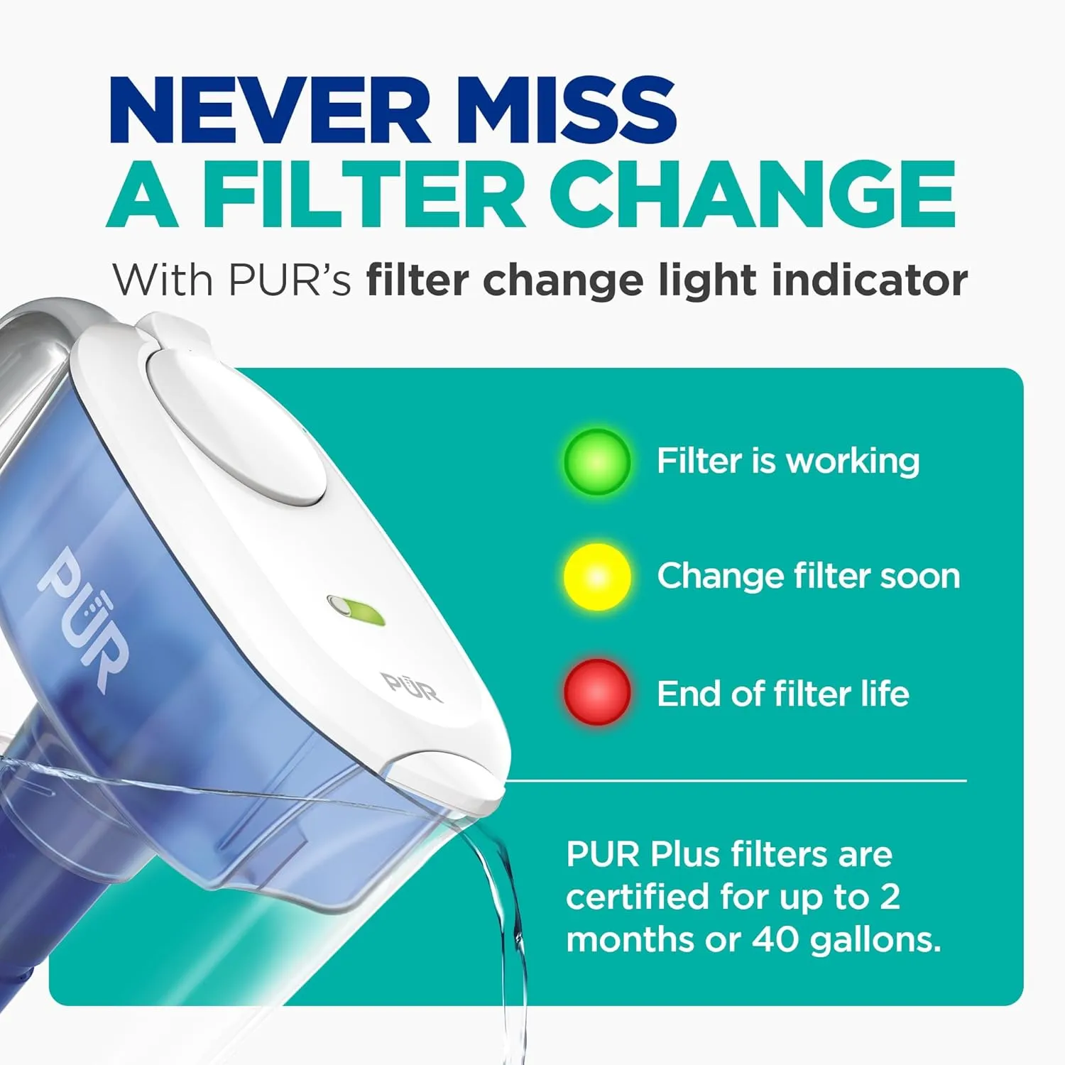 PUR Plus 11-Cup Water Pitcher, 1 Lead-Reducing Filter, Cleaner, Great-tasting Water, Dishwasher Safe, Powerful Filtration, Filter Change Light Indicator, LockFit Cap Design - White