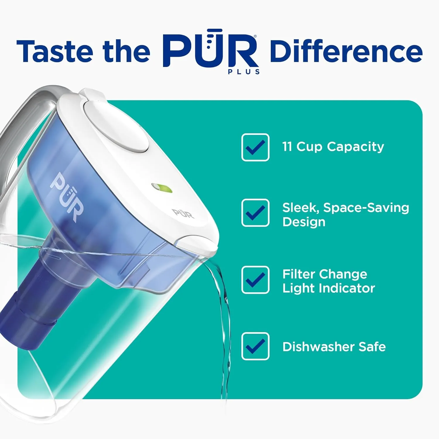 PUR Plus 11-Cup Water Pitcher, 1 Lead-Reducing Filter, Cleaner, Great-tasting Water, Dishwasher Safe, Powerful Filtration, Filter Change Light Indicator, LockFit Cap Design - White