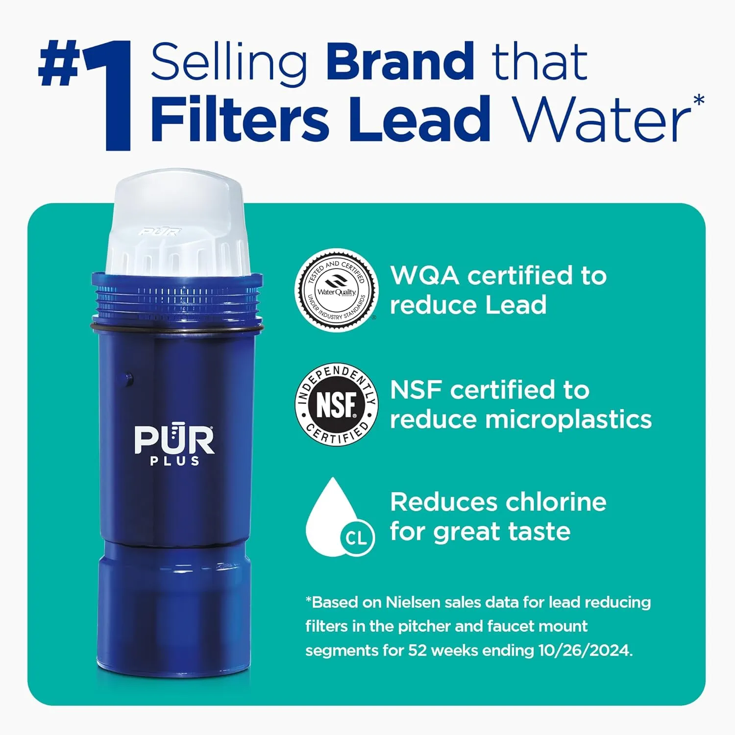 PUR Plus 11-Cup Water Pitcher, 1 Lead-Reducing Filter, Cleaner, Great-tasting Water, Dishwasher Safe, Powerful Filtration, Filter Change Light Indicator, LockFit Cap Design - White