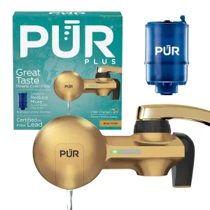 PUR Plus Faucet Mount Water Filtration System with Mineral Core Filter, Horizontal, Brass, PFM410F