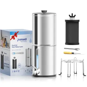 Purewell 1.0 Gallon Portable Gravity Water Filter System, 3-Stage 0.01μm Ultra-Filtration Countertop System with Water Level Window and Stand, Reduce 99% Chlorine, for Camping, RVing, Home (PW-1G-K)