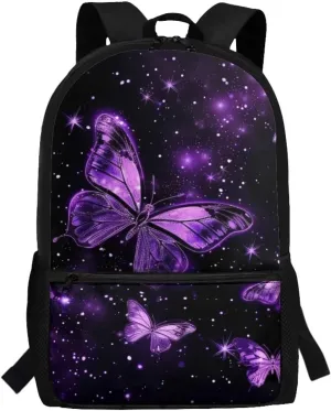 Purple Butterfly Print Backpack for Girls 5th Grade Girl Kids Backpack 15 Inch Fashion Rucksack Waterproof Travel Daypack, Back to School Gifts