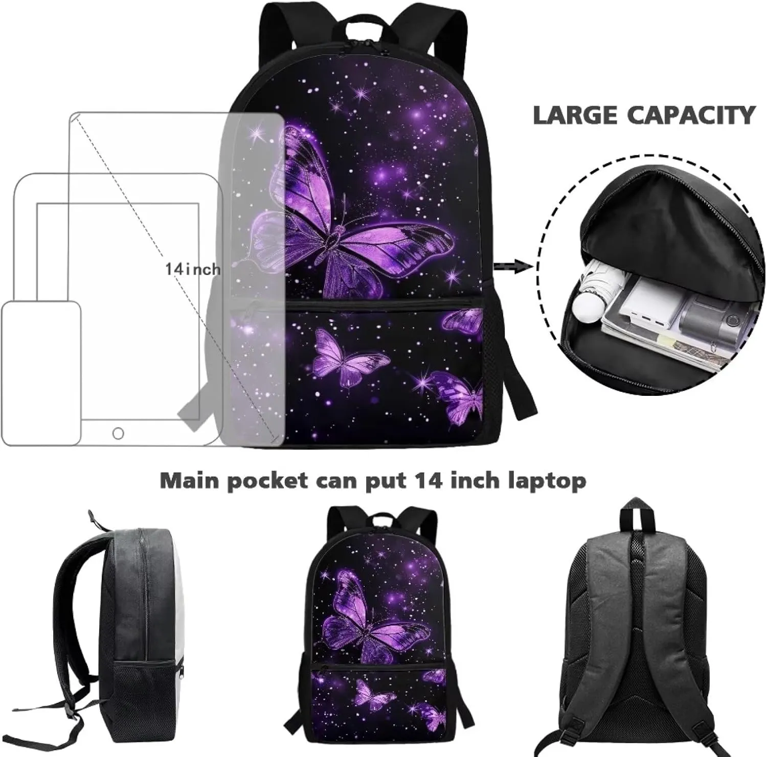 Purple Butterfly Print Backpack for Girls 5th Grade Girl Kids Backpack 15 Inch Fashion Rucksack Waterproof Travel Daypack, Back to School Gifts