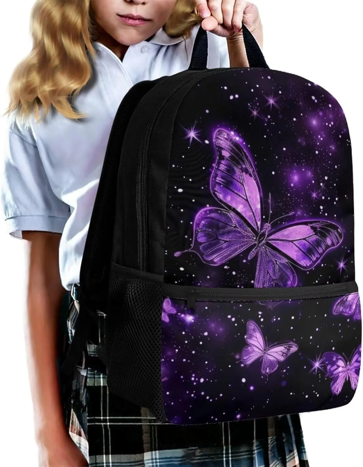 Purple Butterfly Print Backpack for Girls 5th Grade Girl Kids Backpack 15 Inch Fashion Rucksack Waterproof Travel Daypack, Back to School Gifts