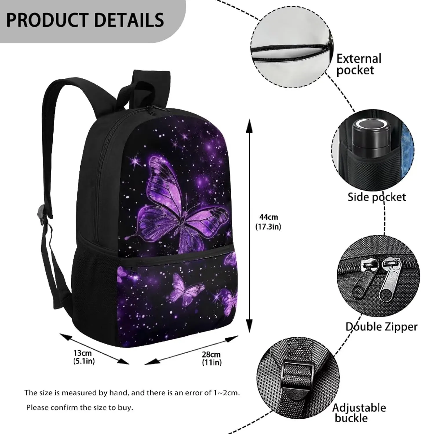Purple Butterfly Print Backpack for Girls 5th Grade Girl Kids Backpack 15 Inch Fashion Rucksack Waterproof Travel Daypack, Back to School Gifts