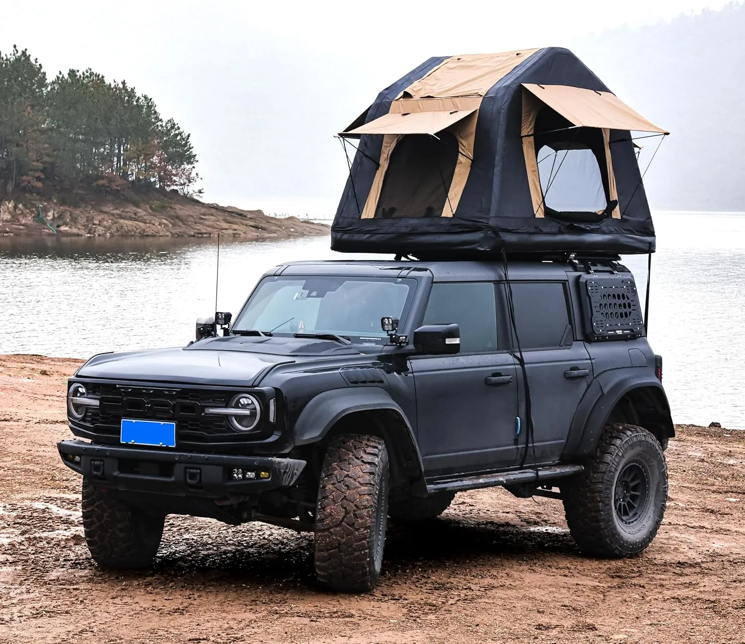 Quick Setup Amphibious Inflatable Roof Top Tent for Camping, Easy Maintenance, Fits Cars and SUVs, Khaki & Black Design