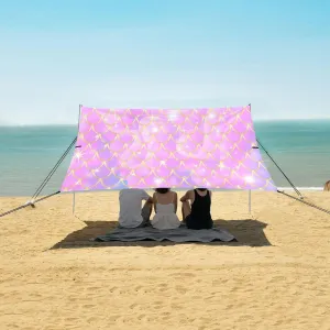 Rainbow Pink Scales Beach Canopy Tent Anti-UV & Wind Resistant, Mermaid Sparkles Glitter Camping Sun Shelter Easy Setup Portable,Outdoor Shade Tents with Sandbags,Sand Shovels,Ground Pegs & Stab