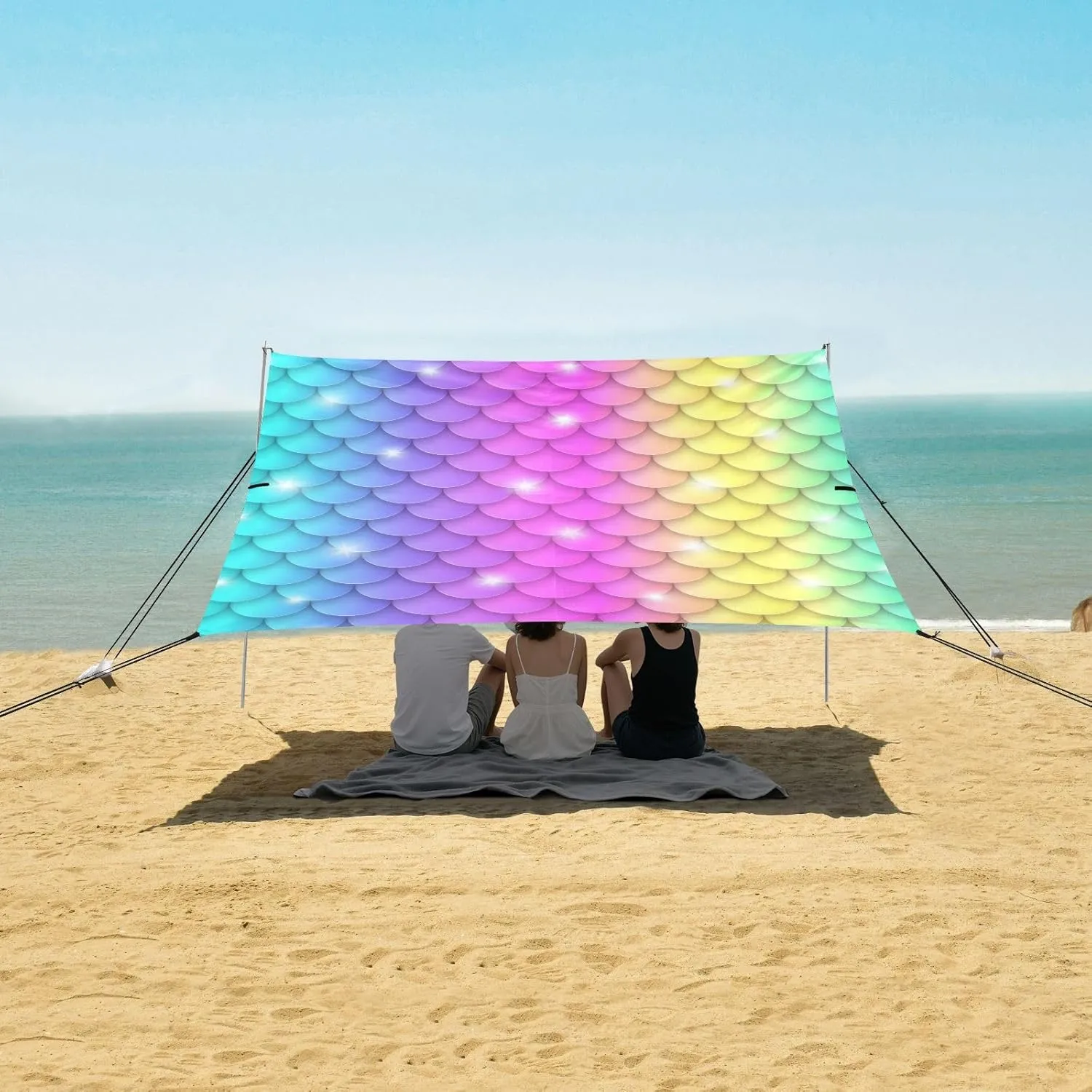 Rainbow Scales Sparkling Beach Canopy Tent Anti-UV & Wind Resistant, Camping Sun Shelter Easy Setup Portable,Outdoor Shade Tents with Sandbags,Sand Shovels,Ground Pegs & Stability Poles