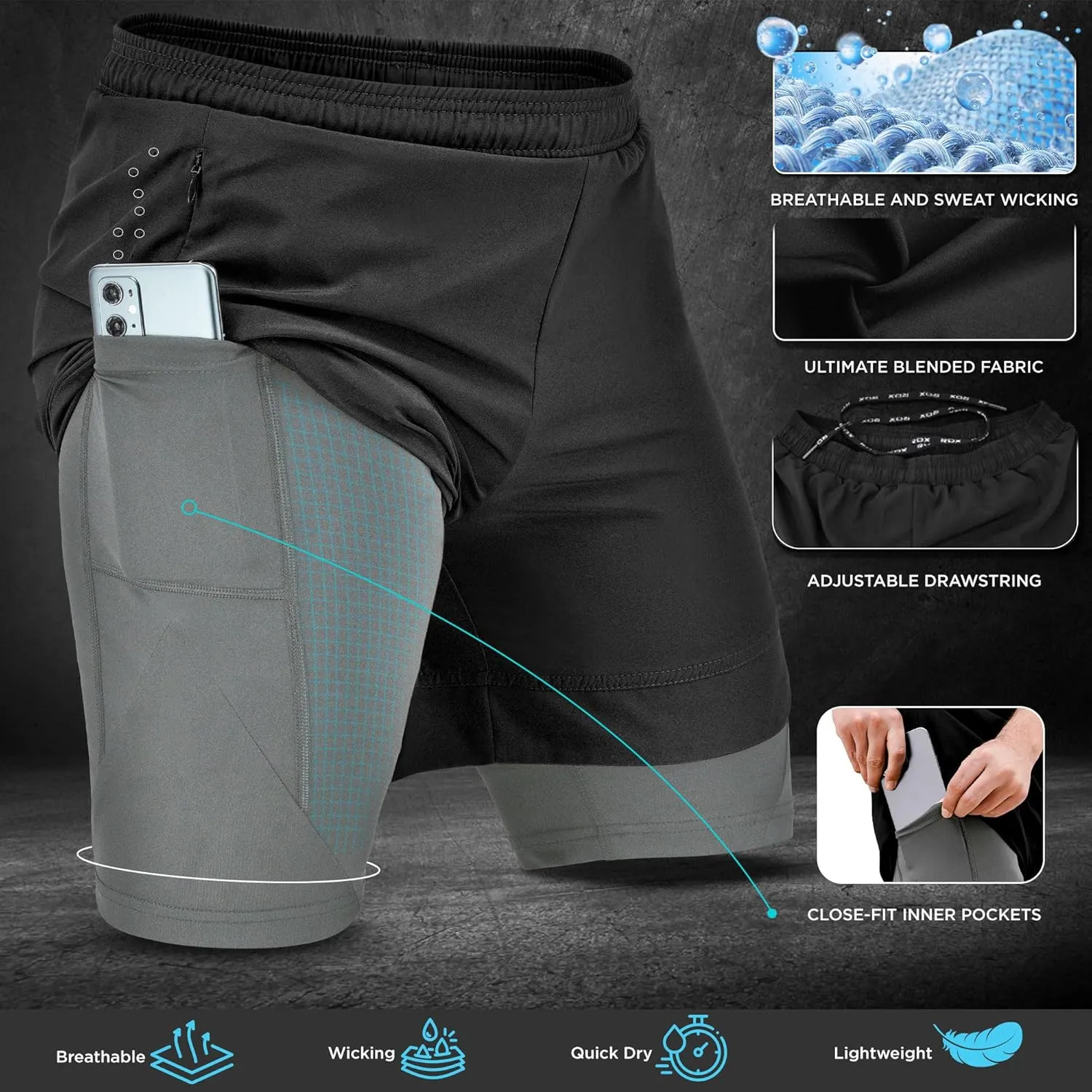 RDX Men’s Running Shorts, 2 in 1 Athletic Breathable Short Compression Liner, 2 Zipper and 2 Phone Pockets, Lightweight