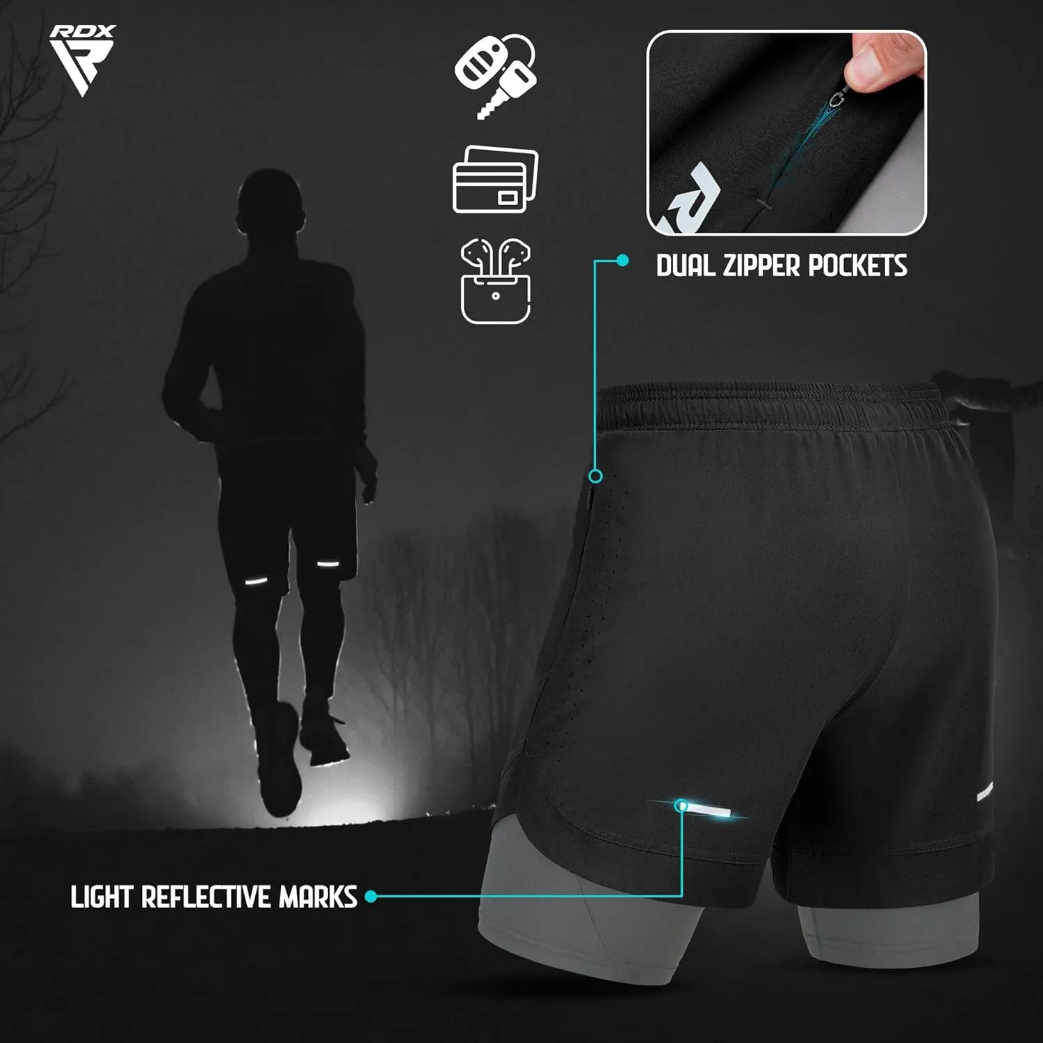 RDX Men’s Running Shorts, 2 in 1 Athletic Breathable Short Compression Liner, 2 Zipper and 2 Phone Pockets, Lightweight