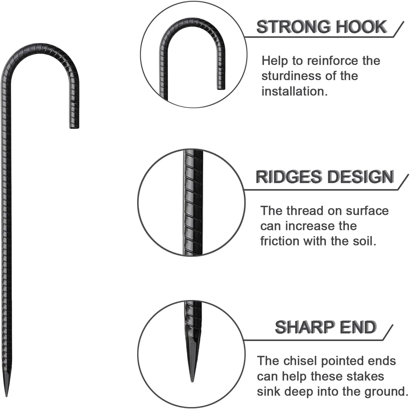 Rebar Stakes 12 Inch 16 Pack Tent Stakes Heavy Duty Metal J Hook, Fence Stakes for Trampoline, Fence, Camping Tent (16, J-12 x5/16 Black)
