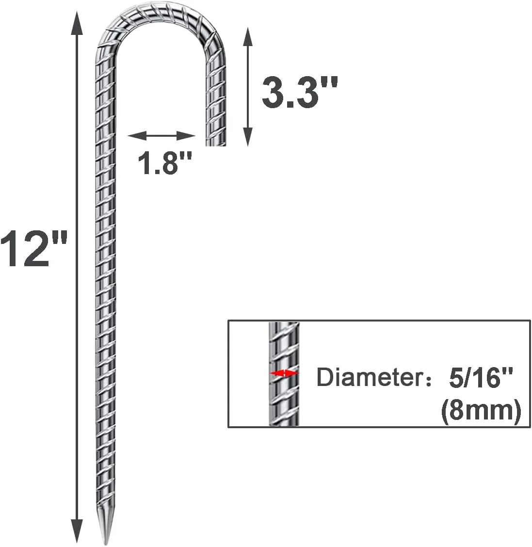 Rebar Stakes 12 Inch 16 Pack Tent Stakes Heavy Duty Metal J Hook, Fence Stakes for Trampoline, Fence, Camping Tent (16, J-12 x5/16)