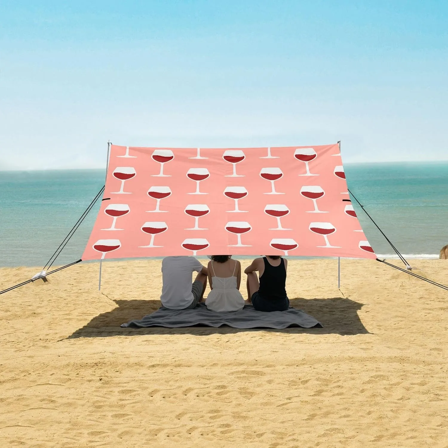 Red Wine Glasses Beach Canopy Tent Anti-UV & Wind Resistant, Camping Sun Shelter Easy Setup Portable,Outdoor Shade Tents with Sandbags,Sand Shovels,Ground Pegs & Stability Poles