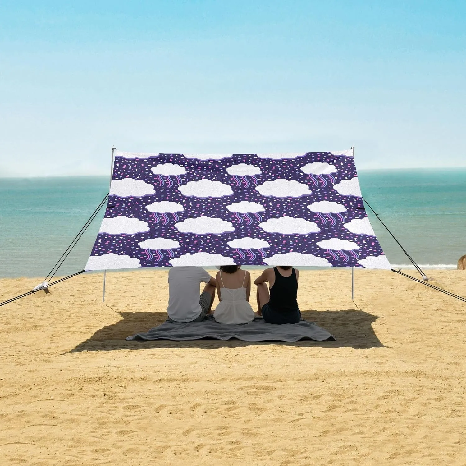 Retro Clouds Beach Canopy Tent Anti-UV & Wind Resistant, Weather Camping Sun Shelter Easy Setup Portable,Outdoor Shade Tents with Sandbags,Sand Shovels,Ground Pegs & Stability Poles