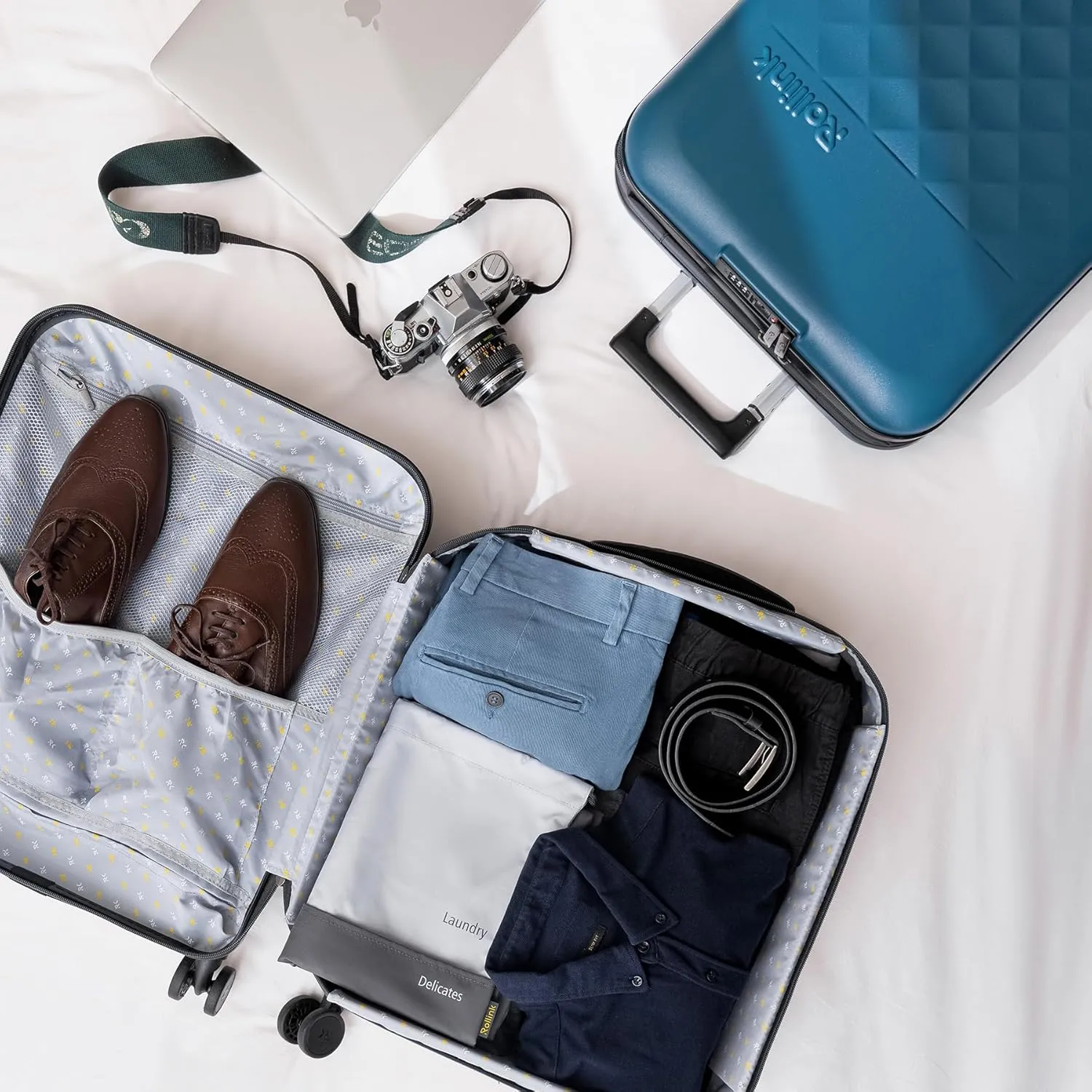 ROLLINK Flex 360 Large Checked Fully Collapsible Suitcase - Hardshell, Silent Smooth Double Spinner Wheels, Scratch, Water & Impact Resistant, TSA Approved Lock, (Atlantic Blue, Checked-Large 29-Inch)