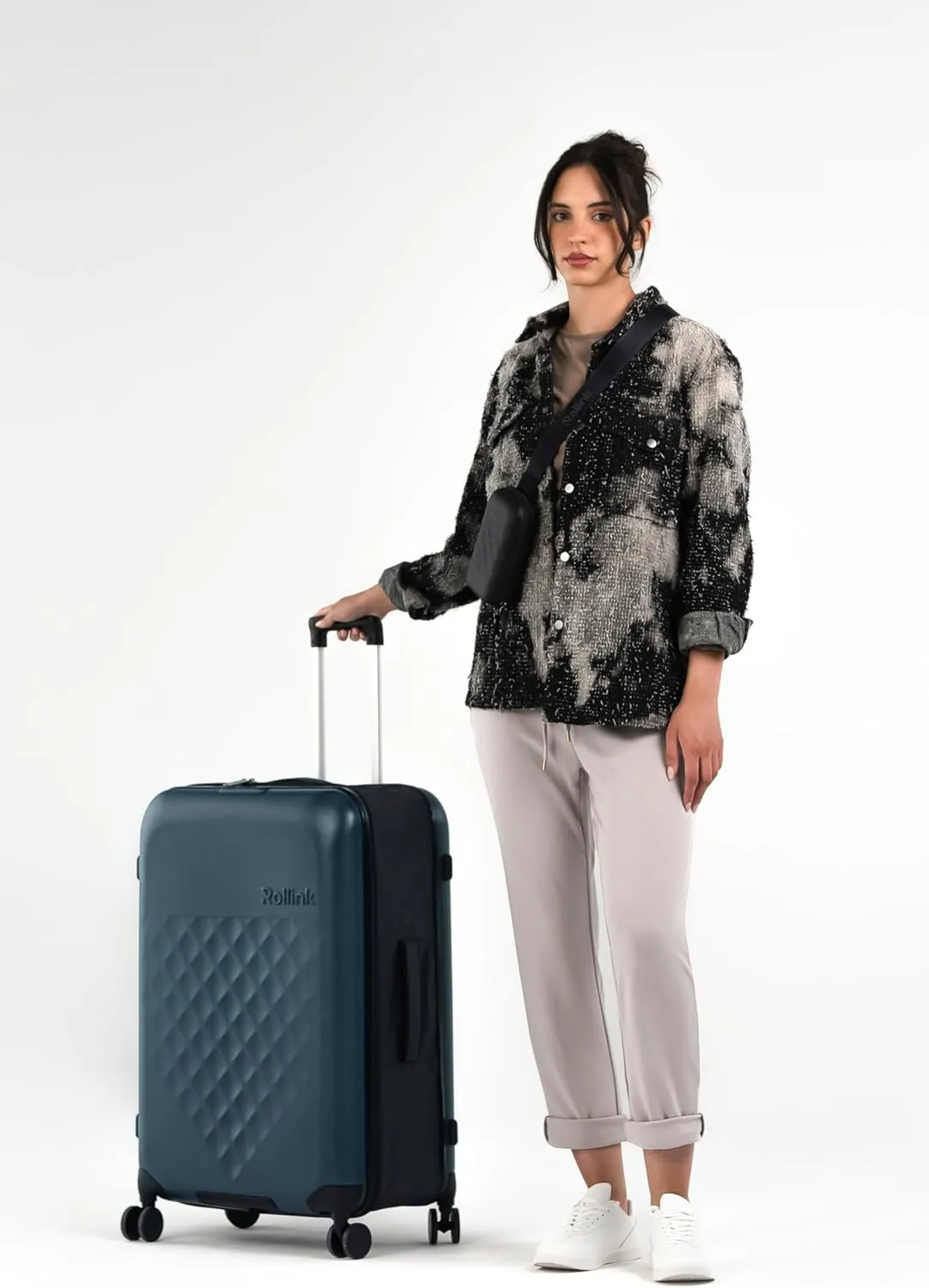 ROLLINK Flex 360 Large Checked Fully Collapsible Suitcase - Hardshell, Silent Smooth Double Spinner Wheels, Scratch, Water & Impact Resistant, TSA Approved Lock, (Atlantic Blue, Checked-Large 29-Inch)