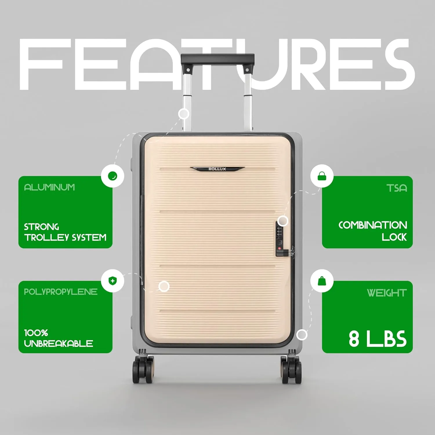 Rollux Collapsible Suitcase with Wheels, Water and Impact Resistant Hard Shell Carry On Luggage with Silent Double Spinner Wheels, 20 Inch Carry On Luggage with TSA Lock, [20 inch] – Khaki