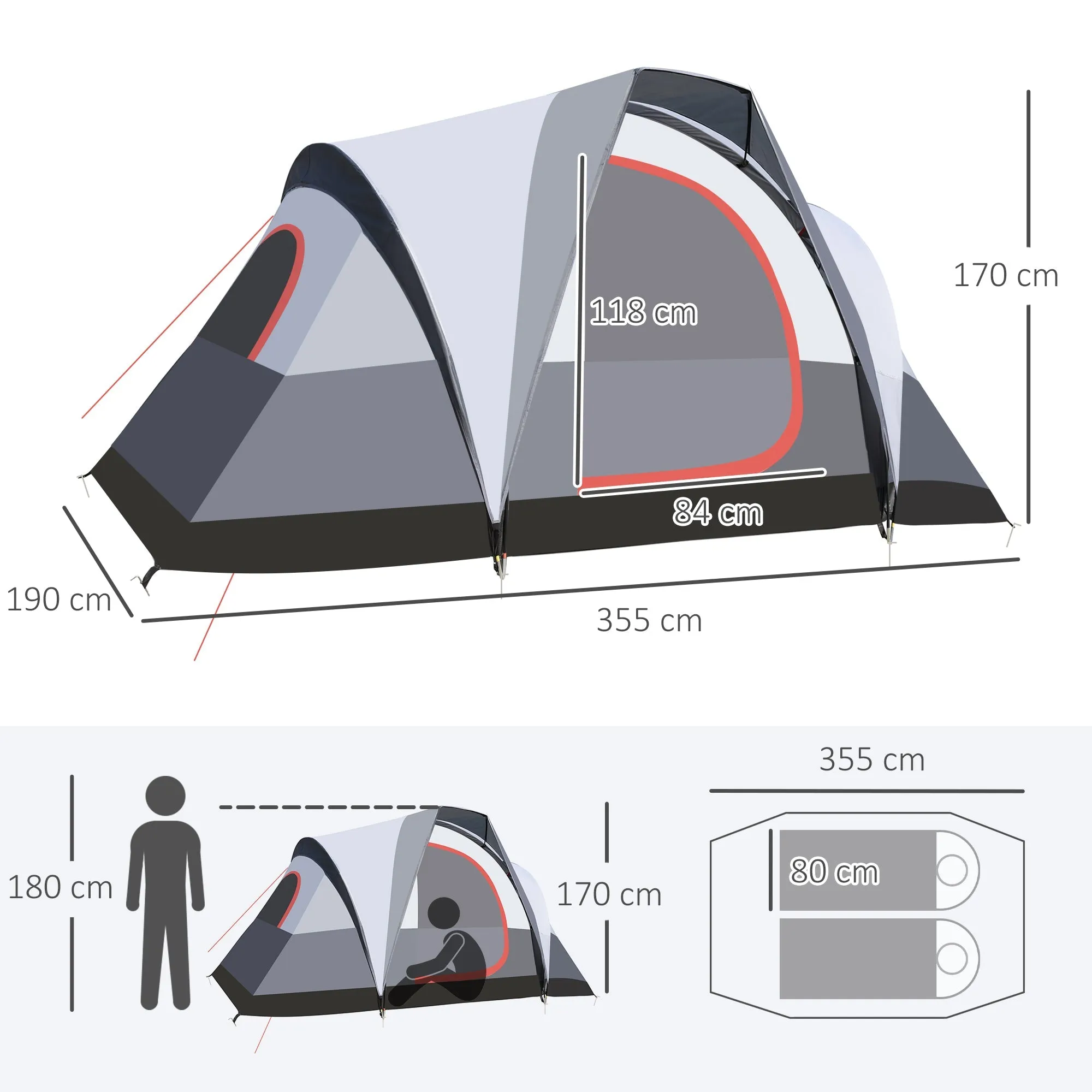 Rootz Camping Tent 2-3 People - Family Tent - Waterproof Shelter - Optimal Ventilation - 355 x 190 x 170 cm