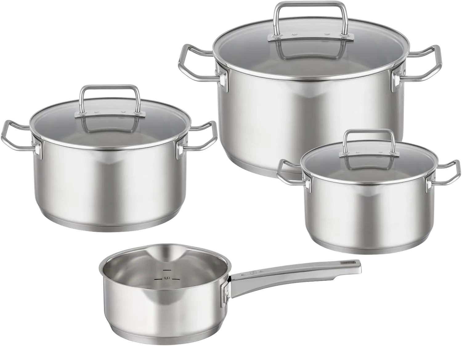 RÖSLE EXPERTISO 4-Piece Pot Set, Universal Pot Set with 3 Pots and 1 Saucepan, 18/10 Stainless Steel, Glass Lids, Scale on Inside, Suitable for Induction Cookers, Dishwasher Safe