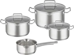 RÖSLE EXPERTISO 4-Piece Pot Set, Universal Pot Set with 3 Pots and 1 Saucepan, 18/10 Stainless Steel, Glass Lids, Scale on Inside, Suitable for Induction Cookers, Dishwasher Safe