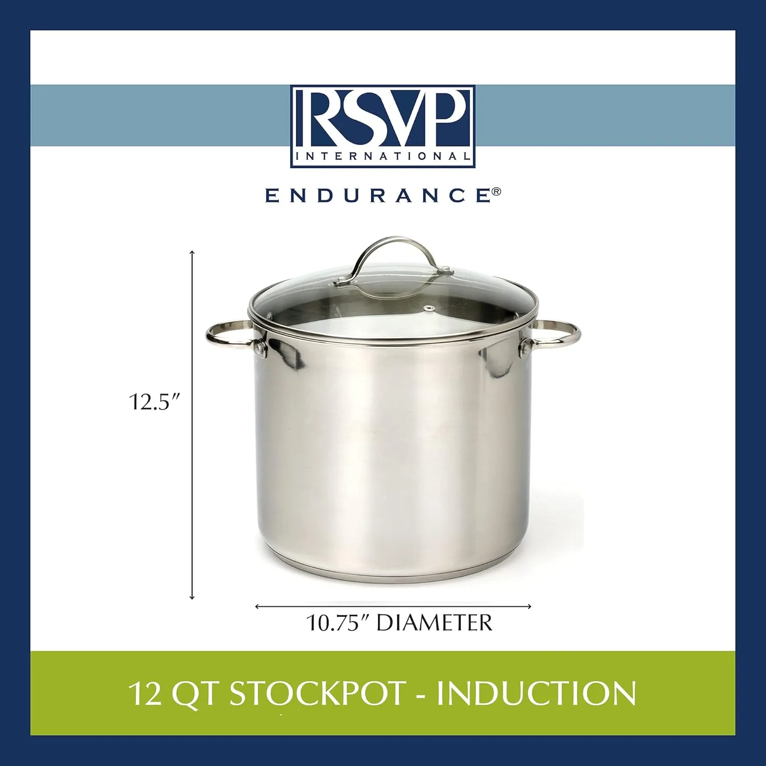 RSVP International Endurance Stock Pot Cookware w/ Lid, Stainless Steel, 12 Quart | Electric, Gas, & Induction Safe | Riveted Large Loop Handles |Dishwasher & Oven Safe