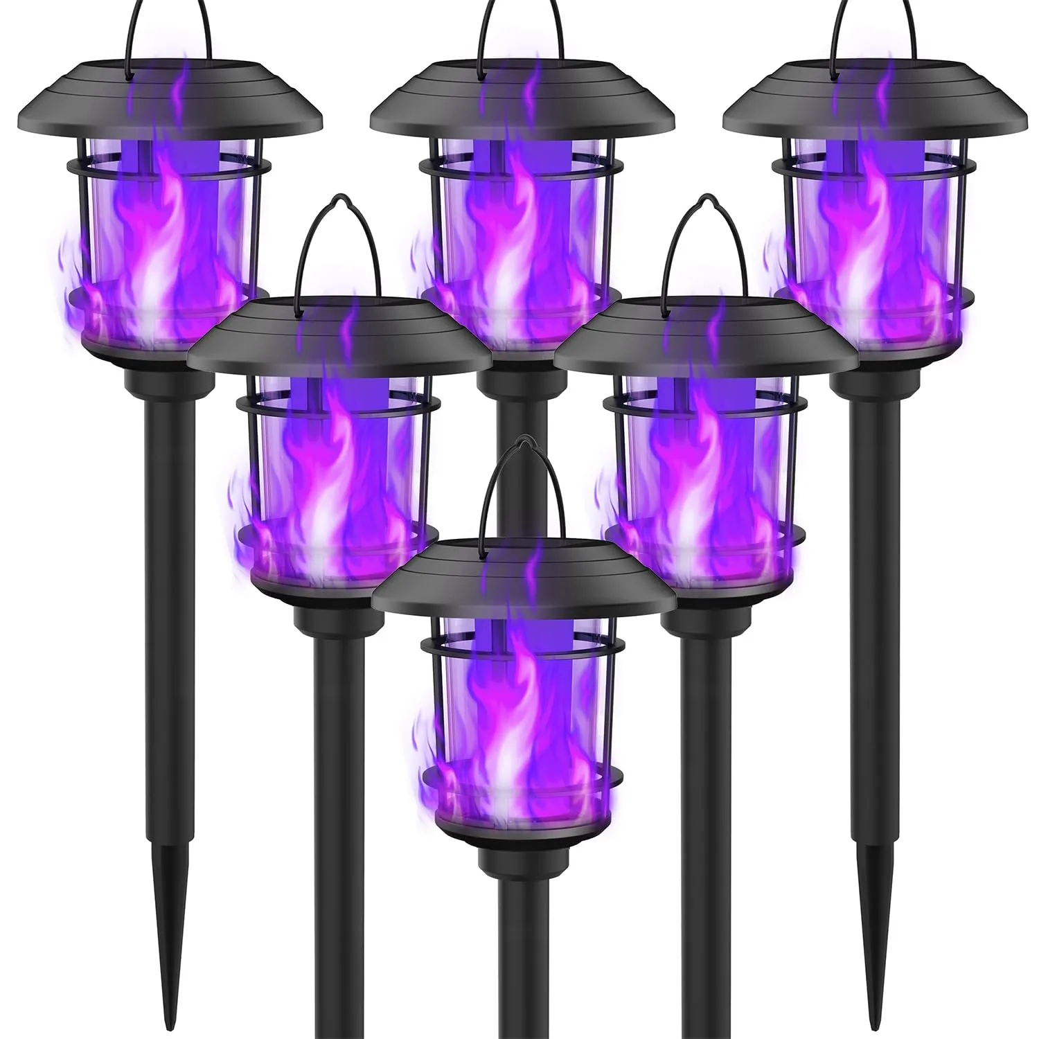 Rynx | Dynaming 6 Pack Sun Flame Torch Light Outdoor, Dual Use Flickering Purple Flame Garden Light, Hanging Lantern, Automatic On/Off & Waterproof Halloween Lighting For Lawn Terrace Garden Pathway Driveway