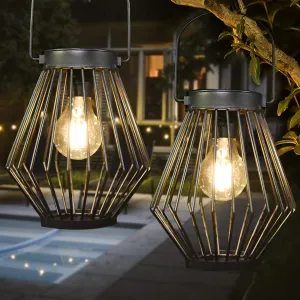 Rynx | Kelvinlux Solar Lantern Outdoor Hanging 2Pk, solar-powered metal light with handle, waterproof wireless warm retro bulb design lamp for garden patio hedge veranda decor