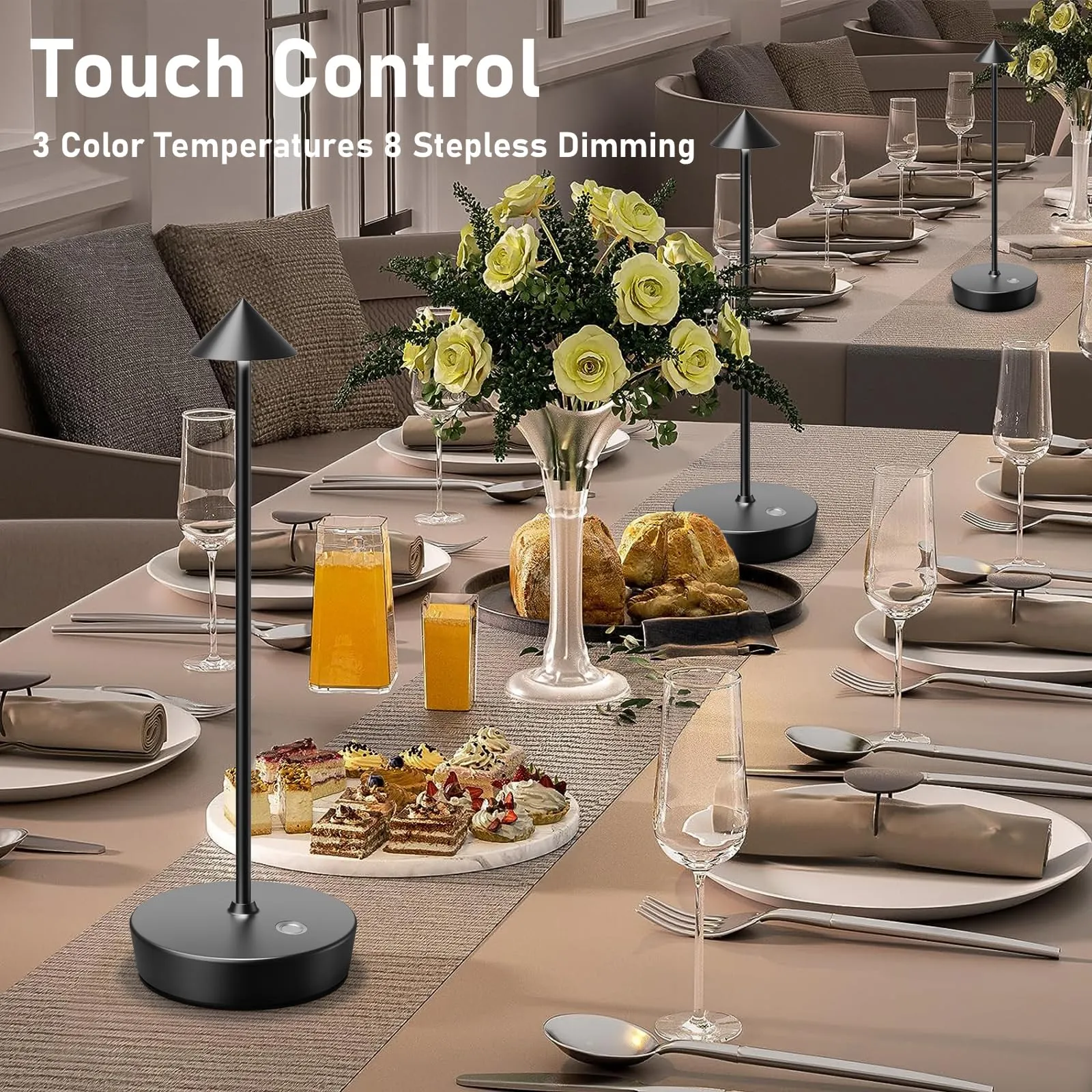 Rynx | Tpczqj Rechargeable Wireless Table Lamp - 6000Mah Led, 3 Color Dimmer, Waterproof - Black