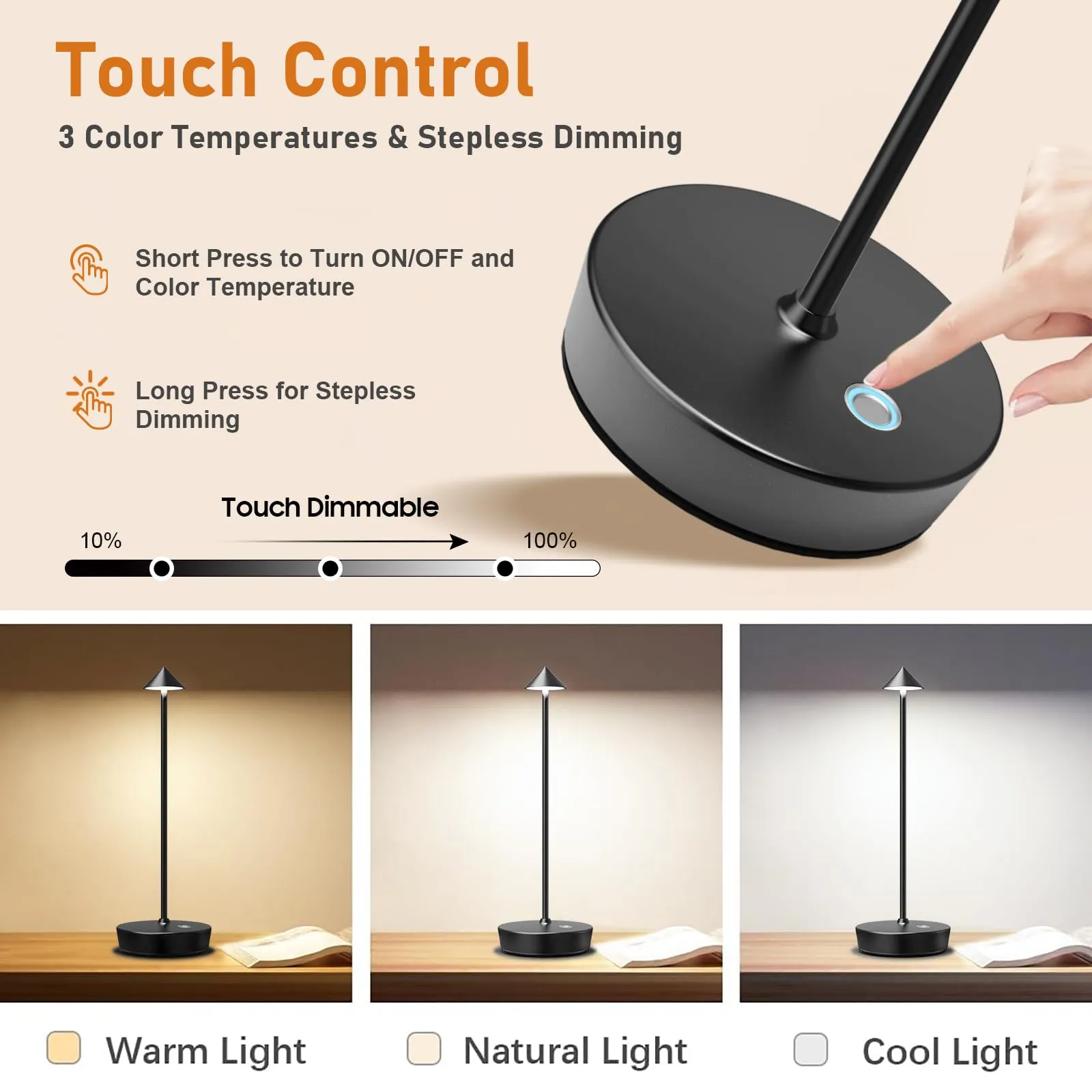 Rynx | Tpczqj Rechargeable Wireless Table Lamp - 6000Mah Led, 3 Color Dimmer, Waterproof - Black