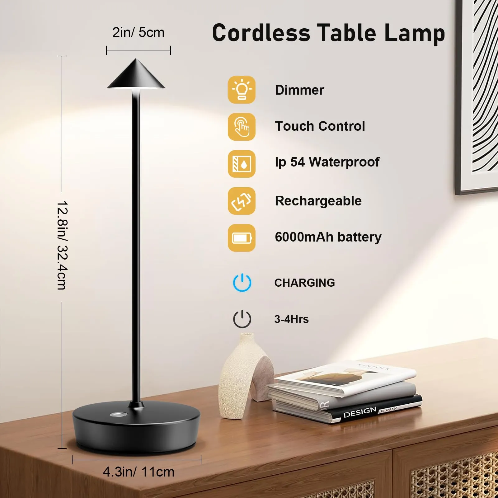 Rynx | Tpczqj Rechargeable Wireless Table Lamp - 6000Mah Led, 3 Color Dimmer, Waterproof - Black