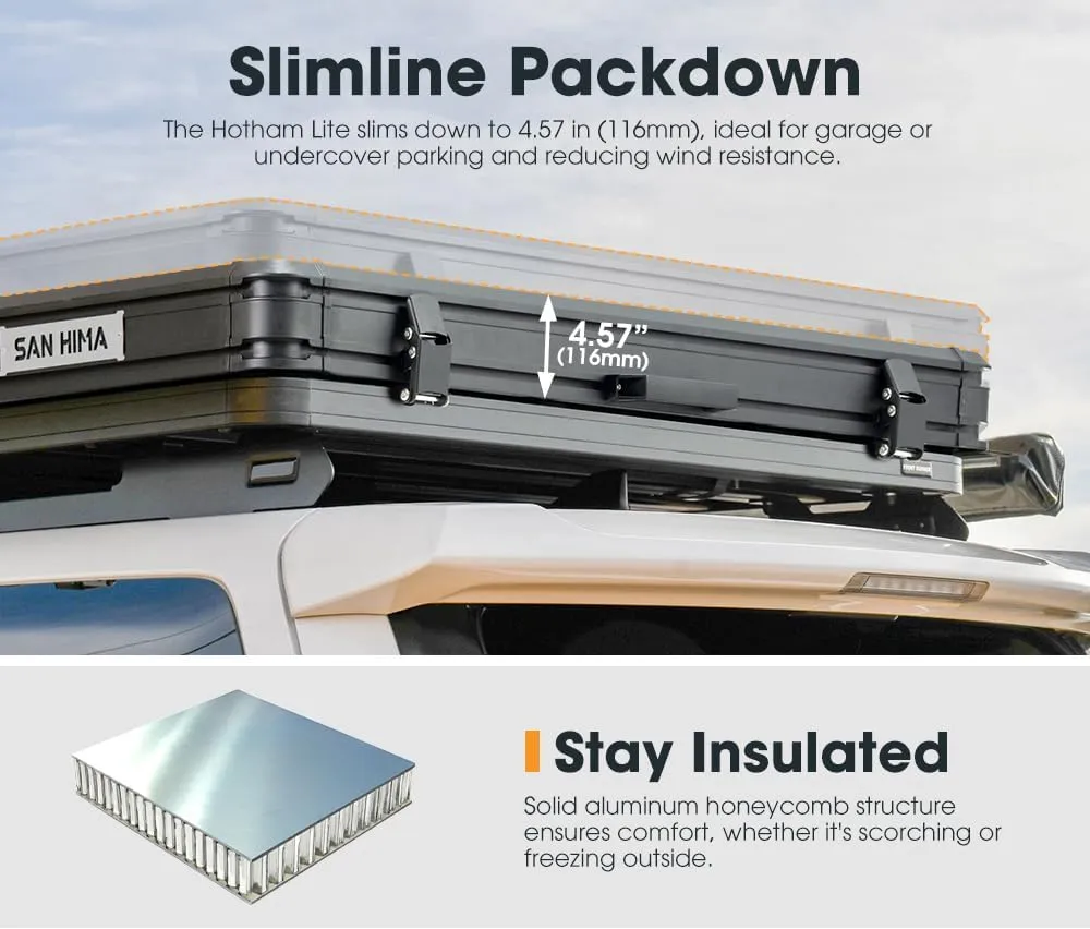 Sanhima Rooftop Tent Hard Shell - Hotham Lite Overland Aluminium Roof Top Tent 4.56" Slimline, w/Tri-Color LED Strip Light & 1.97” Thick Mattress, for Car SUV Truck Camping, 2-3 People