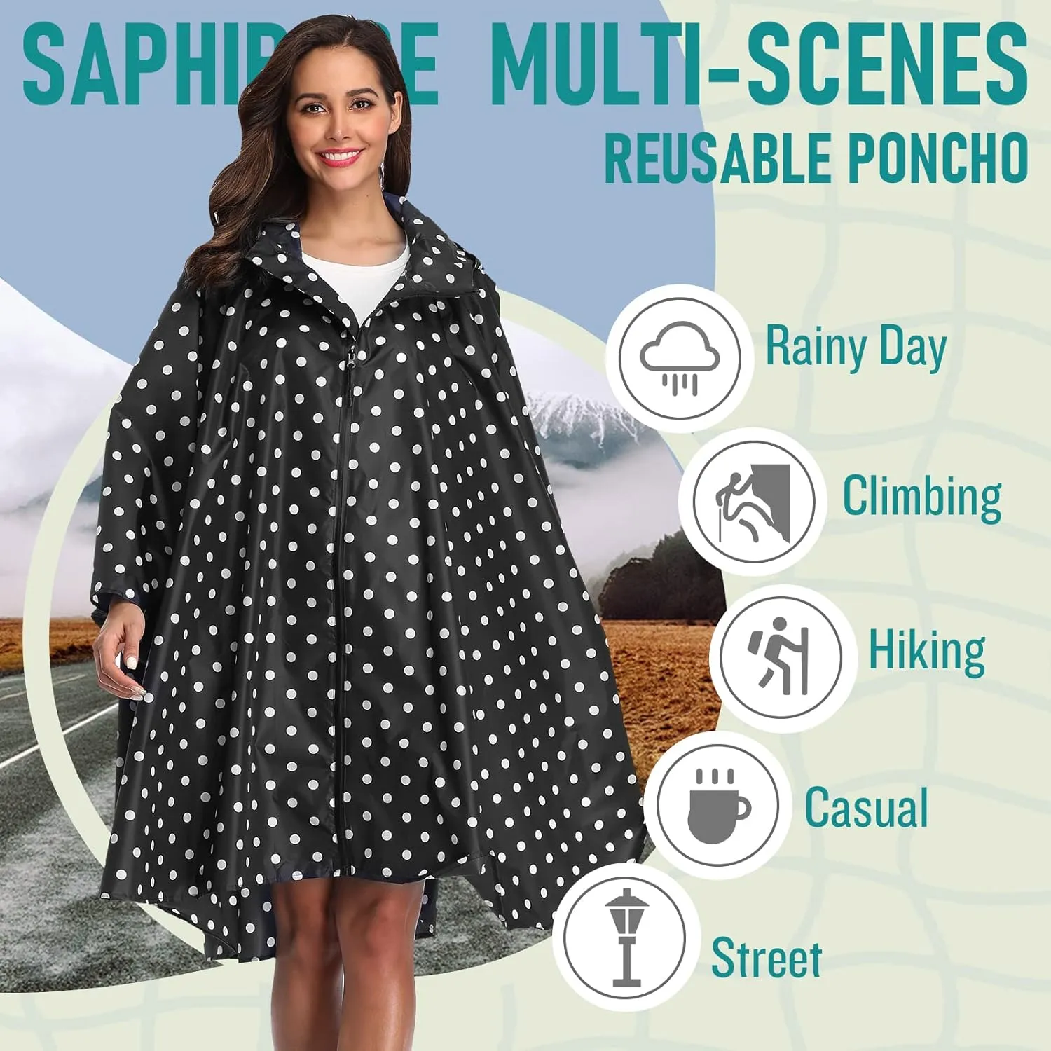 SaphiRose Unisex Rain Poncho Raincoat Hooded for Adults Women with Pockets