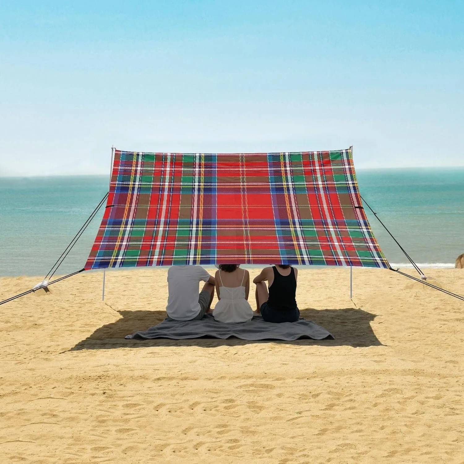 Scottish Style Tartan Plaid Beach Canopy Tent Anti-UV & Wind Resistant, Camping Sun Shelter Easy Setup Portable,Outdoor Shade Tents with Sandbags,Sand Shovels,Ground Pegs & Stability Poles