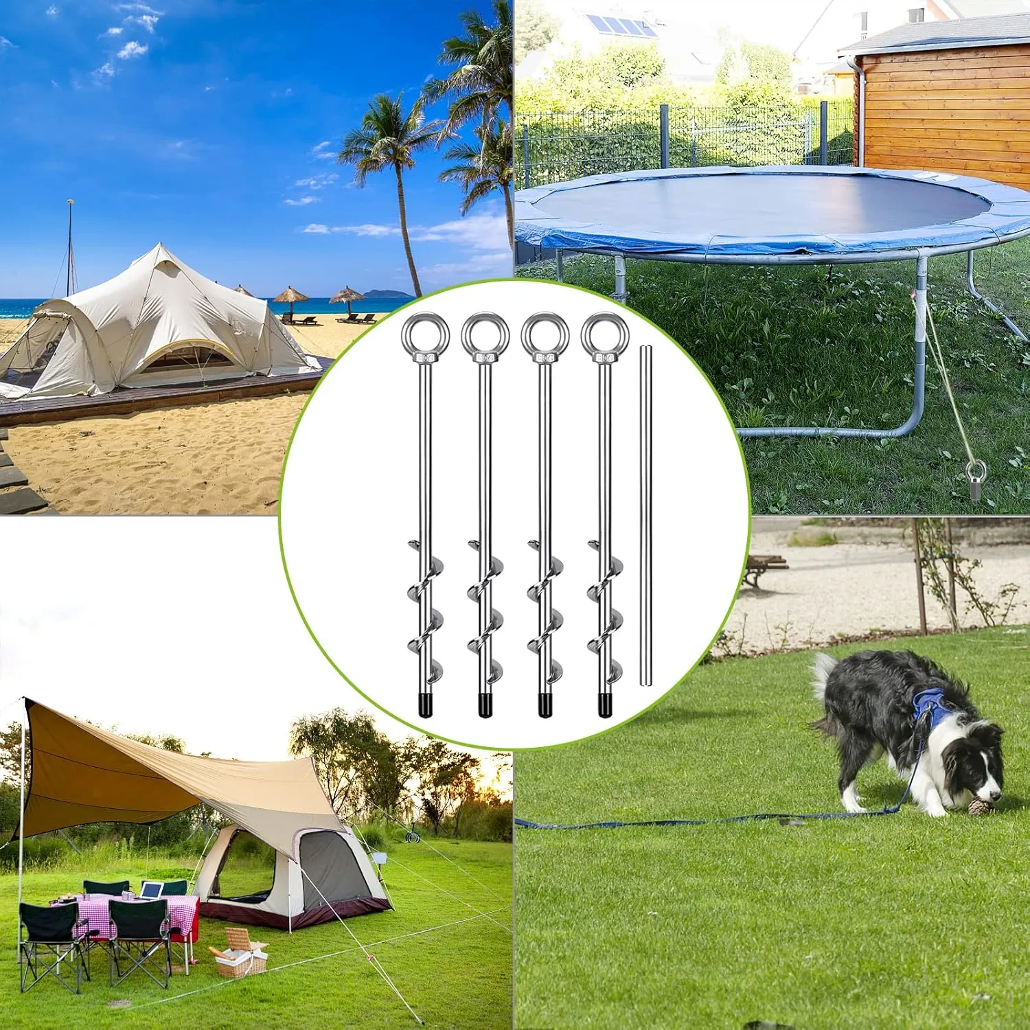 SELEWARE Heavy Duty Ground Anchors Tent Stakes Set of 4 Camping Stakes Trampoline Anchors Dog Tie Out Stakes, Twist Rod Included Easy Connection