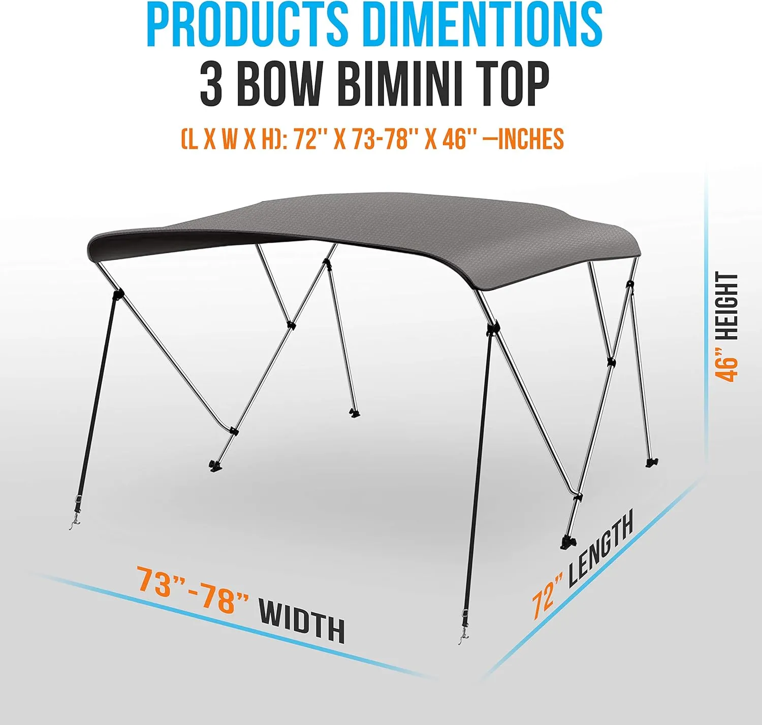SereneLife Waterproof Boat Bimini Top Cover - 67-72" W 3 Bow Bimini Top Sun Shade Boat Canopy - 1" Double Wall Aluminum Frame Tubes, 2 Front Straps, 2 Rear Support Poles, Storage Boot SLBTW72G, Gray