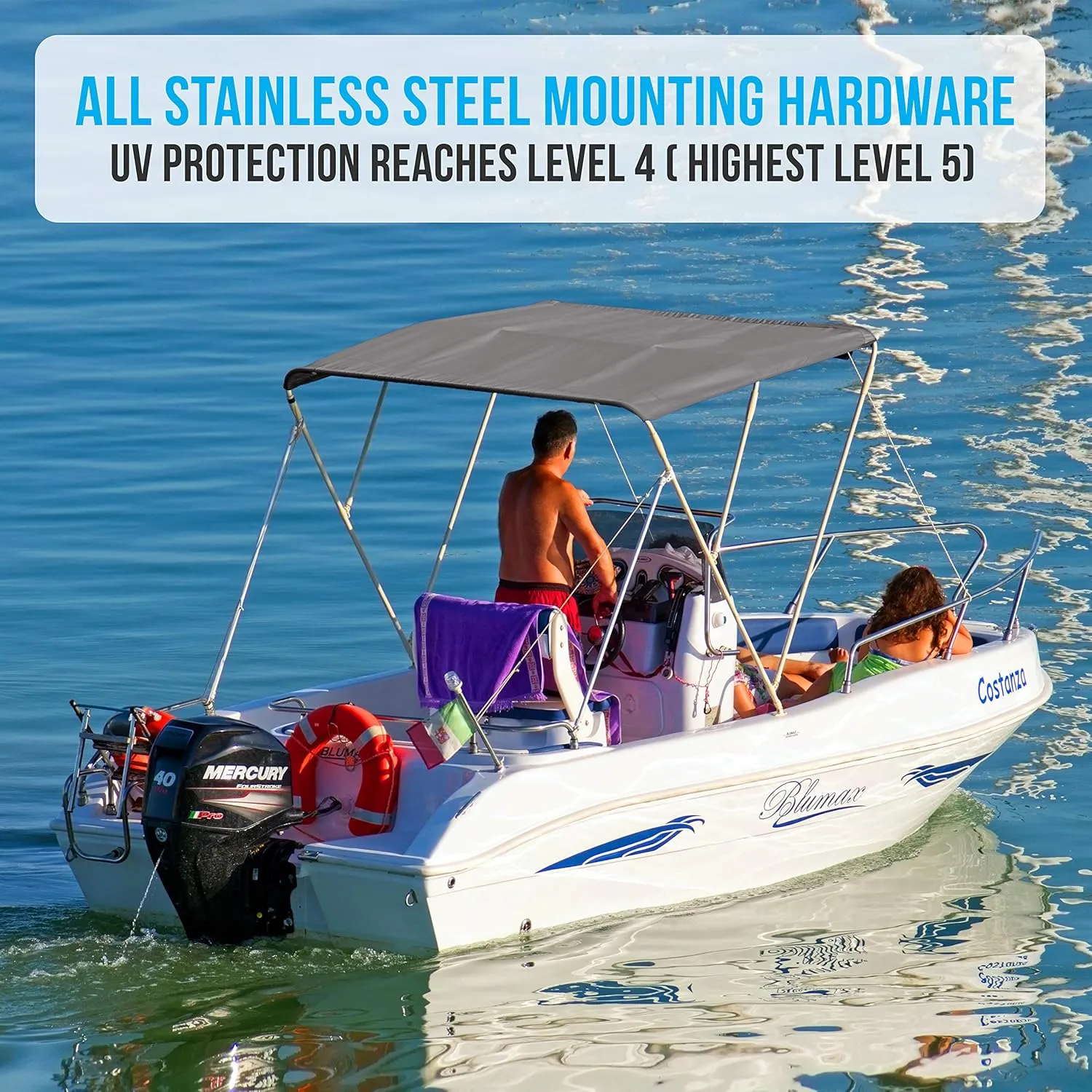 SereneLife Waterproof Boat Bimini Top Cover - 67-72" W 3 Bow Bimini Top Sun Shade Boat Canopy - 1" Double Wall Aluminum Frame Tubes, 2 Front Straps, 2 Rear Support Poles, Storage Boot SLBTW72G, Gray