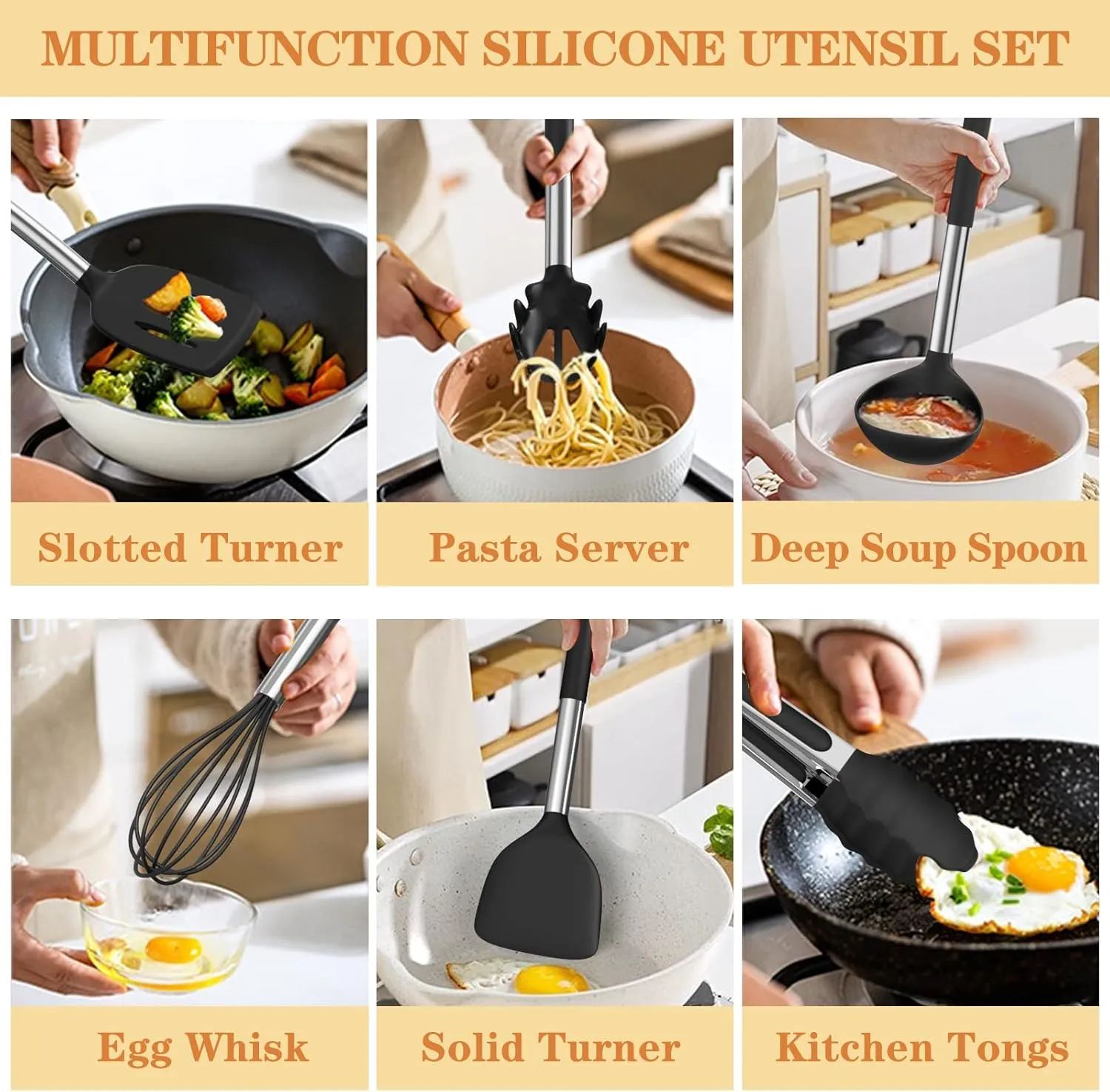Silicone Cooking Kitchen Utensil Set, Umite Chef 43 PCS Heat Resistant Kitchen Utensils Gadget Set-Stainless Steel Handle- Kitchen Spatula Tools for Nonstick Cookware, Kitchen Accessories(Black)