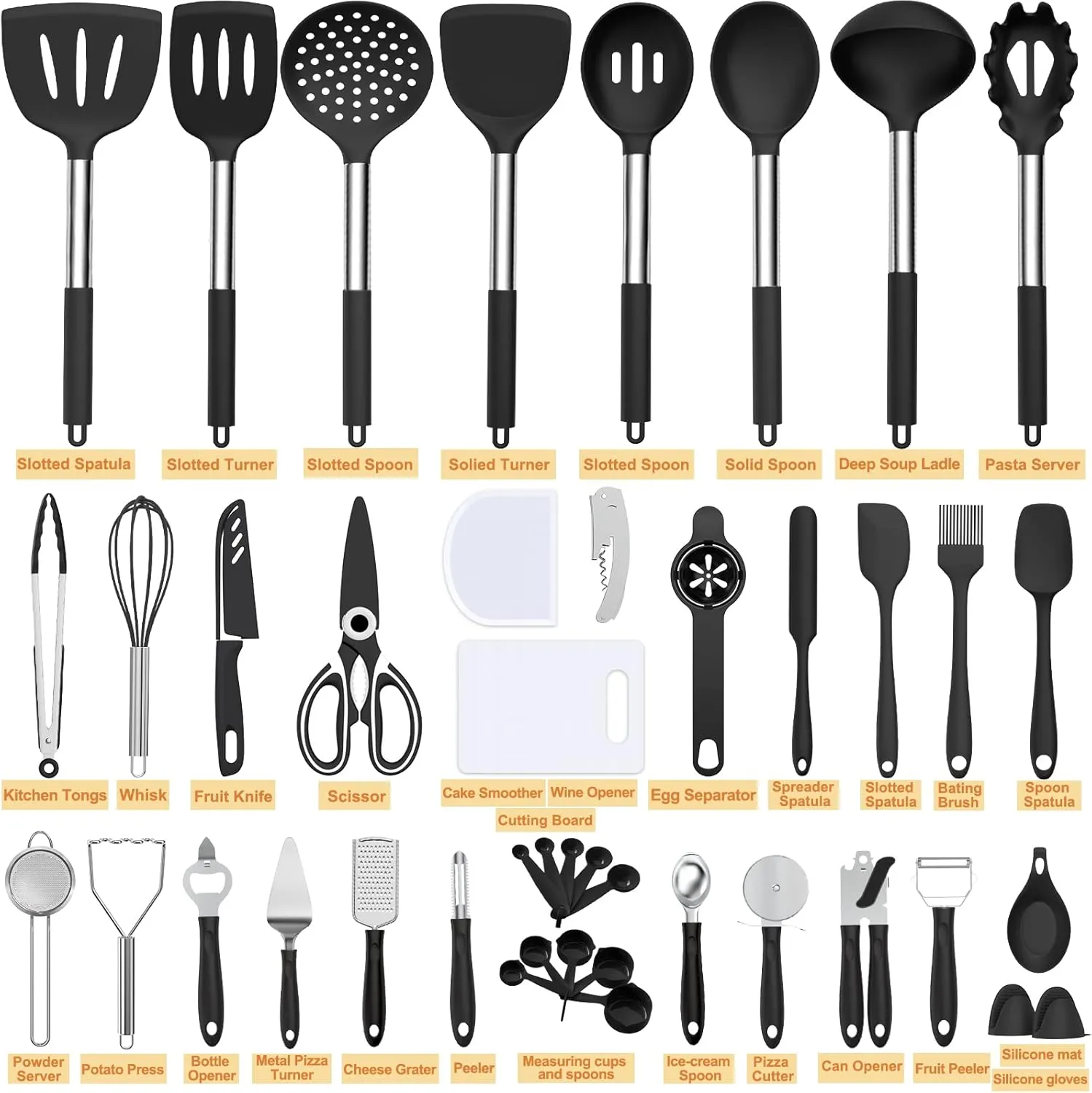 Silicone Cooking Kitchen Utensil Set, Umite Chef 43 PCS Heat Resistant Kitchen Utensils Gadget Set-Stainless Steel Handle- Kitchen Spatula Tools for Nonstick Cookware, Kitchen Accessories(Black)
