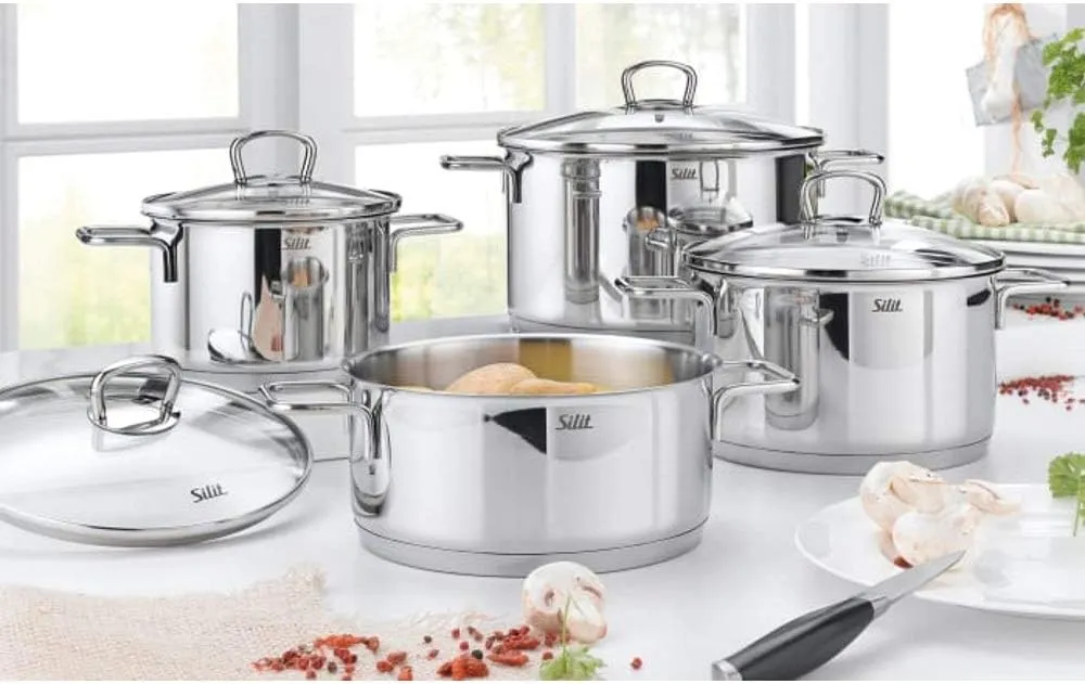 Silit Alicante 4-Piece Induction Saucepan Set with Glass Lid, Polished Stainless Steel, Induction Pots Set, Uncoated