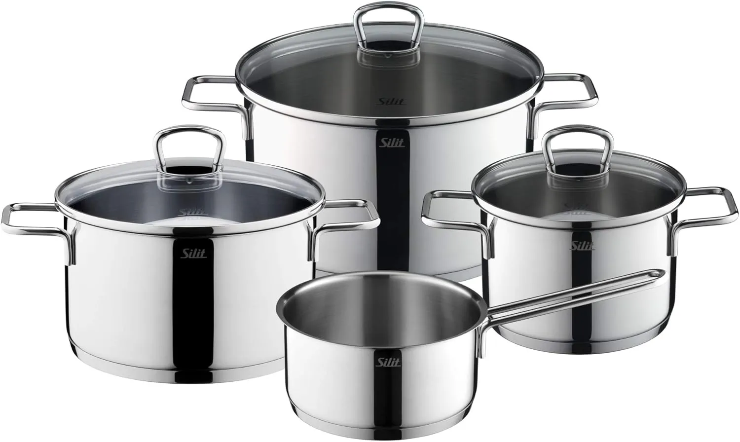 Silit Alicante 4-Piece Induction Saucepan Set with Glass Lid, Polished Stainless Steel, Induction Pots Set, Uncoated