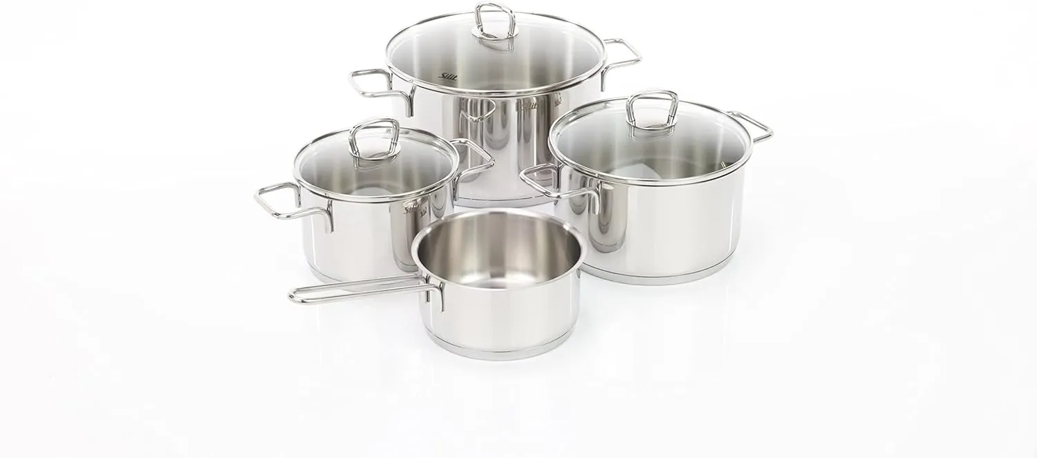 Silit Alicante 4-Piece Induction Saucepan Set with Glass Lid, Polished Stainless Steel, Induction Pots Set, Uncoated