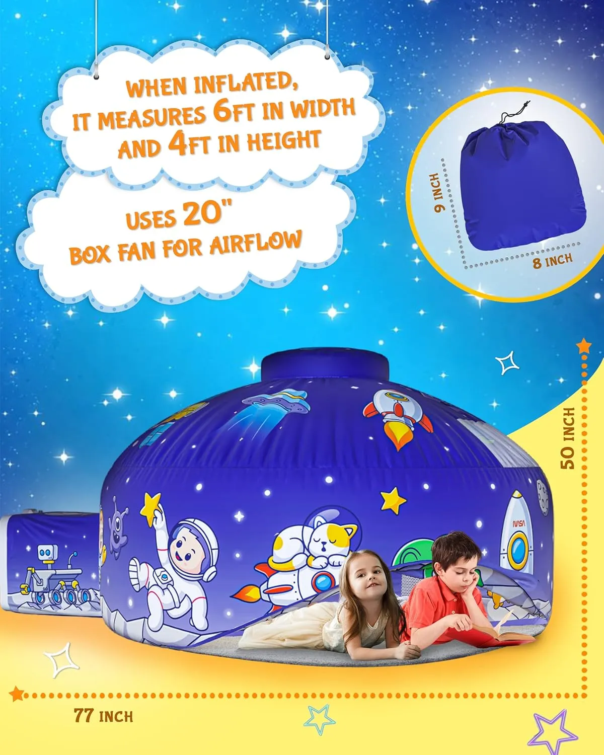 Skywin Inflatable Air Tent for Kids (77” x 50”), Perfect for Social or Solo Imaginative Play, Blow Up Tent, Sets Up and Stores Away in Seconds, Toddler Playhouse (Fan NOT Included) (Space)