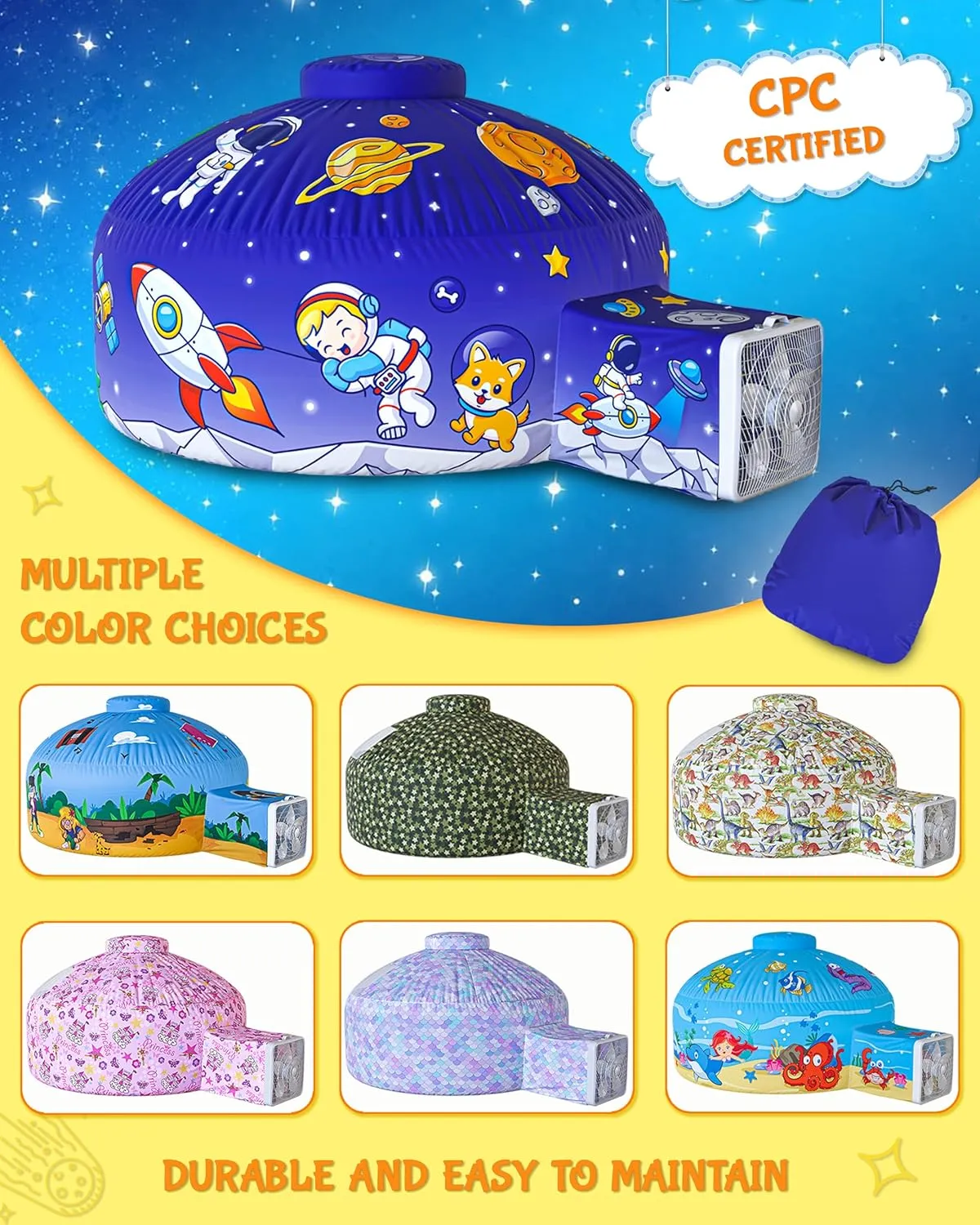 Skywin Inflatable Air Tent for Kids (77” x 50”), Perfect for Social or Solo Imaginative Play, Blow Up Tent, Sets Up and Stores Away in Seconds, Toddler Playhouse (Fan NOT Included) (Space)