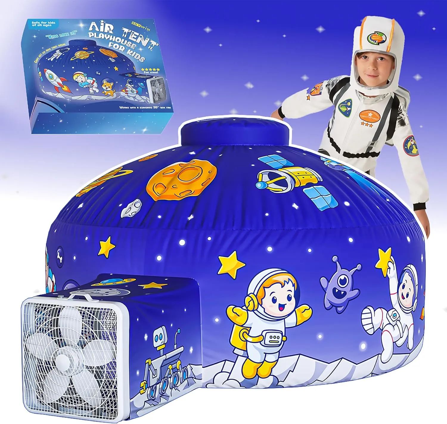 Skywin Inflatable Air Tent for Kids (77” x 50”), Perfect for Social or Solo Imaginative Play, Blow Up Tent, Sets Up and Stores Away in Seconds, Toddler Playhouse (Fan NOT Included) (Space)
